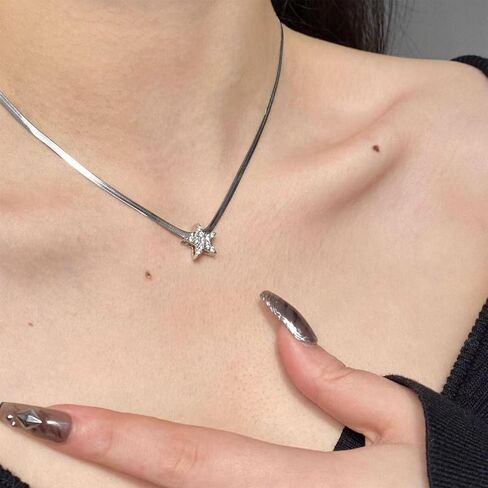 Boho Crystal Star Necklace for Women Silver Snake Bone Chain Necklace Dainty Simple Choker Necklaces Silver Herringbone Chain Necklaces Jewelry in Saudi Arabia