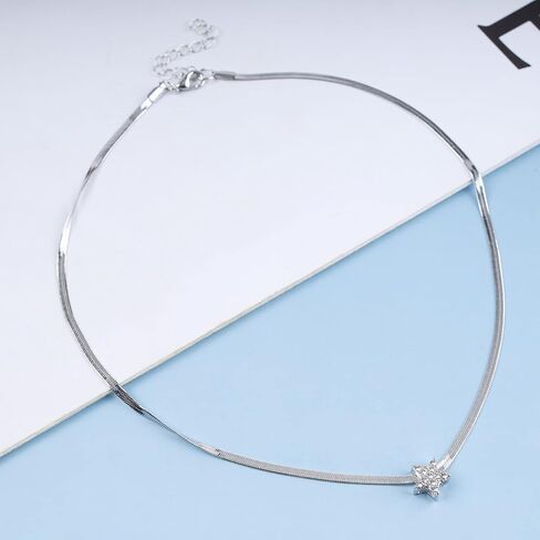 Boho Crystal Star Necklace for Women Silver Snake Bone Chain Necklace Dainty Simple Choker Necklaces Silver Herringbone Chain Necklaces Jewelry in Saudi Arabia