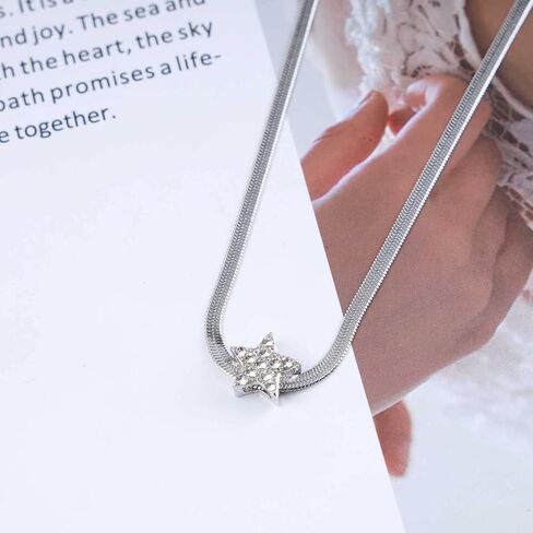 Boho Crystal Star Necklace for Women Silver Snake Bone Chain Necklace Dainty Simple Choker Necklaces Silver Herringbone Chain Necklaces Jewelry in Saudi Arabia