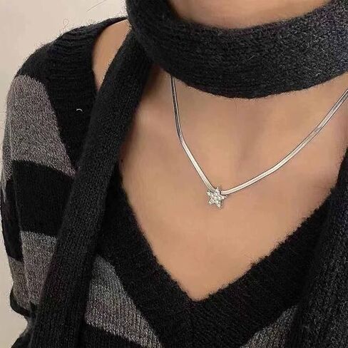 Boho Crystal Star Necklace for Women Silver Snake Bone Chain Necklace Dainty Simple Choker Necklaces Silver Herringbone Chain Necklaces Jewelry in Saudi Arabia