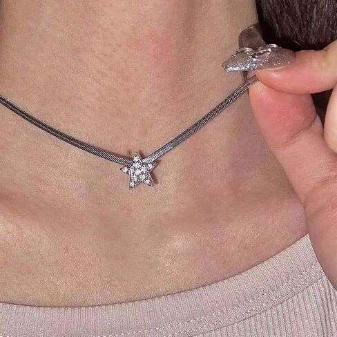 Boho Crystal Star Necklace for Women Silver Snake Bone Chain Necklace Dainty Simple Choker Necklaces Silver Herringbone Chain Necklaces Jewelry in Saudi Arabia