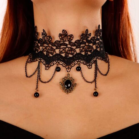 Missgrace Punk Vintage Black Lace Shiny Choker Necklace for Women Chunky Short Necklace Black Chain Necklace for Women in Saudi Arabia
