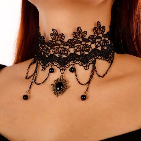 Missgrace Punk Vintage Black Lace Shiny Choker Necklace for Women Chunky Short Necklace Black Chain Necklace for Women in Saudi Arabia