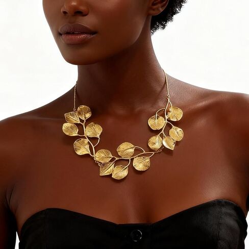 قلادة ذهبية مكتنزة للنساء، قلادة ذهبية عيار 14 قيراط بوهو ليف قلادة مجوهرات أفريقية للنساء عيد الميلاد وحفلات أعياد الميلاد غير مشوهة in Kuwait