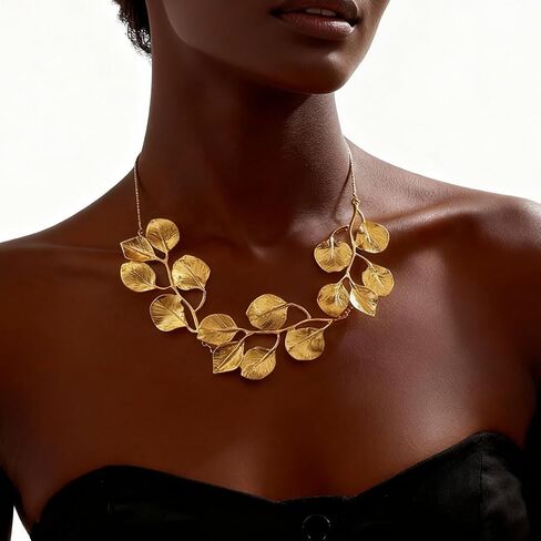 قلادة ذهبية مكتنزة للنساء، قلادة ذهبية عيار 14 قيراط بوهو ليف قلادة مجوهرات أفريقية للنساء عيد الميلاد وحفلات أعياد الميلاد غير مشوهة in Kuwait