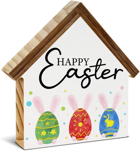 ديكور لافتة He is Risen، علامة كتلة خشبية على شكل منزل عيد الفصح، ديكور عيد الفصح المسيحي لرف طاولة المكتب، ديكورات دينية in Kuwait