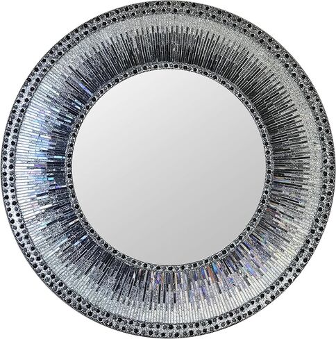 Kaleidoscope 24 Inch Wall Mirror, Luxe Multi-Colored Silver and Iridescent Charcoal Gray Glass Mosaic Framed Wall Mirror, Decorative Round Accent/Vanity Mirror (24" X 24") in Kuwait
