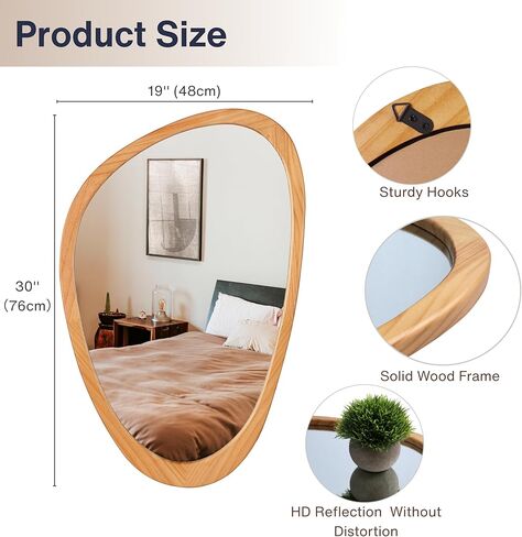 PERFNIQUE Asymmetrical Mirror, Irregular Wall Mirror, 30"x19" Tempered Glass Wood Framed Mirror for Mid Century Modern Decor, Decorative Mirrors for Bedroom, Living Room, Entryway, Vanity in Kuwait