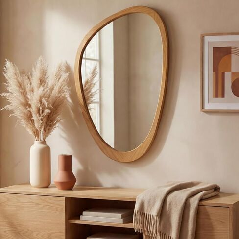 PERFNIQUE Asymmetrical Mirror, Irregular Wall Mirror, 30"x19" Tempered Glass Wood Framed Mirror for Mid Century Modern Decor, Decorative Mirrors for Bedroom, Living Room, Entryway, Vanity in Kuwait