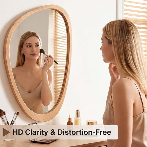 PERFNIQUE Asymmetrical Mirror, Irregular Wall Mirror, 30"x19" Tempered Glass Wood Framed Mirror for Mid Century Modern Decor, Decorative Mirrors for Bedroom, Living Room, Entryway, Vanity in Kuwait