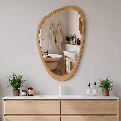 PERFNIQUE Asymmetrical Mirror, Irregular Wall Mirror, 30"x19" Tempered Glass Wood Framed Mirror for Mid Century Modern Decor, Decorative Mirrors for Bedroom, Living Room, Entryway, Vanity in Kuwait