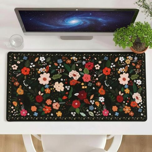 Retro Floral Desk Mat Desk Pad XXL Large Mouse Pad Vintage Boho Non Slip Mouse Pads with Stitched Edges Waterproof for Women Student Computer Keyboard Desktop Accessories(Black) in Saudi Arabia