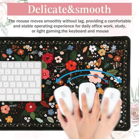 Retro Floral Desk Mat Desk Pad XXL Large Mouse Pad Vintage Boho Non Slip Mouse Pads with Stitched Edges Waterproof for Women Student Computer Keyboard Desktop Accessories(Black) in Saudi Arabia