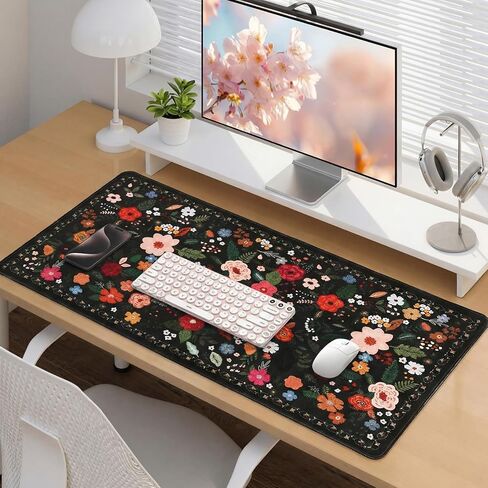 Retro Floral Desk Mat Desk Pad XXL Large Mouse Pad Vintage Boho Non Slip Mouse Pads with Stitched Edges Waterproof for Women Student Computer Keyboard Desktop Accessories(Black) in Saudi Arabia