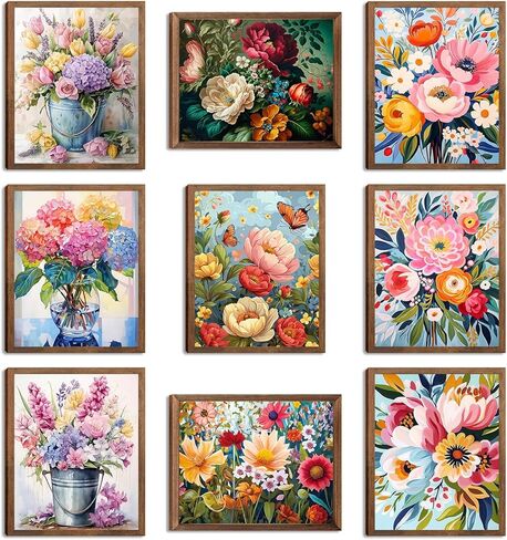Flowers Market Posters Wall Art Paints Set of 9, Preppy Minimalist Canvas Decor Prints,Vintage Beautiful Flowers in Bucket Pictures for Bathroom Living Room Dorm Home Decor Gifts 8x10In Unframed in Saudi Arabia