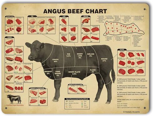 Vintage Angus Beef Butcher Guide Metal Sign - Kitchen Tin Poster, Rustic Farmhouse Meat Cuts Chart, Modern Culinary Wall Art for Chef 16x12 Inches in Saudi Arabia