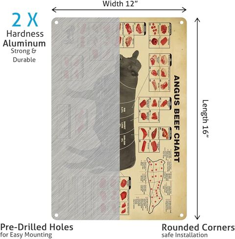 Vintage Angus Beef Butcher Guide Metal Sign - Kitchen Tin Poster, Rustic Farmhouse Meat Cuts Chart, Modern Culinary Wall Art for Chef 16x12 Inches in Saudi Arabia