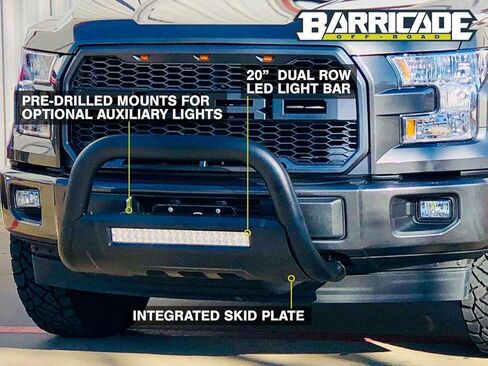 شريط Barricade Off-Road HD Bull باللون الأسود المزخرف مع لوح انزلاقي وشريط إضاءة LED مزدوج الصف مقاس 20 بوصة يناسب Ford F-150 2004-2020 باستثناء Raptor in Kuwait