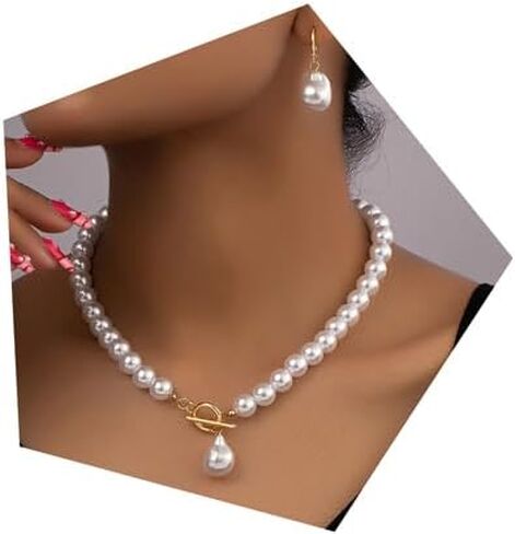 Bridal Pearl Choker Necklace Earring Set for Women Vintage Irregular Pearl Pendant Necklace Earrings Faux Pearl Beaded Necklace Elegant Bridal Wedding Party Banquet Ball Costume Jewelry in Kuwait