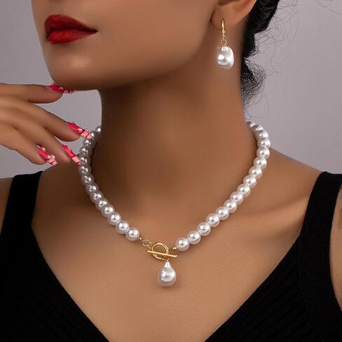 Bridal Pearl Choker Necklace Earring Set for Women Vintage Irregular Pearl Pendant Necklace Earrings Faux Pearl Beaded Necklace Elegant Bridal Wedding Party Banquet Ball Costume Jewelry in Kuwait