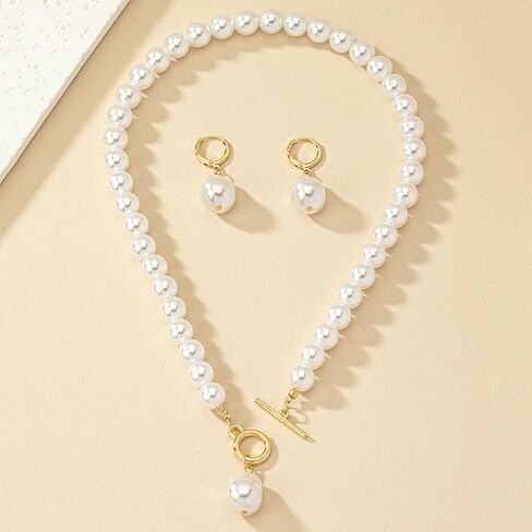 Bridal Pearl Choker Necklace Earring Set for Women Vintage Irregular Pearl Pendant Necklace Earrings Faux Pearl Beaded Necklace Elegant Bridal Wedding Party Banquet Ball Costume Jewelry in Kuwait