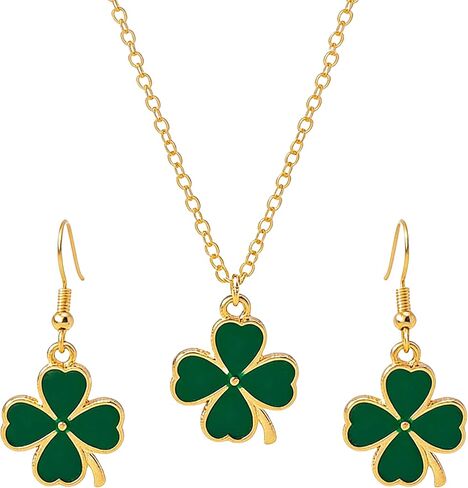 St. Patrick's Day Clover Necklace Earrings Set Enamel Green Irish Shamrock Necklace Earrings Shiny St. Patrick's Day Lucky Green Clover Holiday Jewelry in Saudi Arabia
