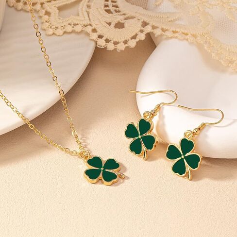 St. Patrick's Day Clover Necklace Earrings Set Enamel Green Irish Shamrock Necklace Earrings Shiny St. Patrick's Day Lucky Green Clover Holiday Jewelry in Saudi Arabia