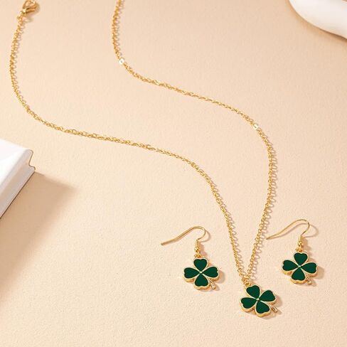 St. Patrick's Day Clover Necklace Earrings Set Enamel Green Irish Shamrock Necklace Earrings Shiny St. Patrick's Day Lucky Green Clover Holiday Jewelry in Saudi Arabia