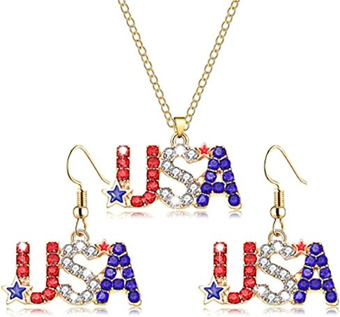 July 4th Independence Day Necklaces Earrings for Women Independence Day Star Necklace Earrings Set Red White and Blue Patriotic Necklace Earring American Flag Patriotic Jewelry Gift in Kuwait