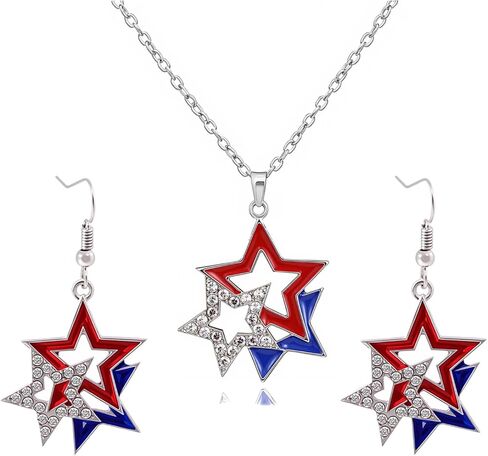 July 4th Independence Day Necklaces Earrings for Women Independence Day Star Necklace Earrings Set Red White and Blue Patriotic Necklace Earring American Flag Patriotic Jewelry Gift in Saudi Arabia
