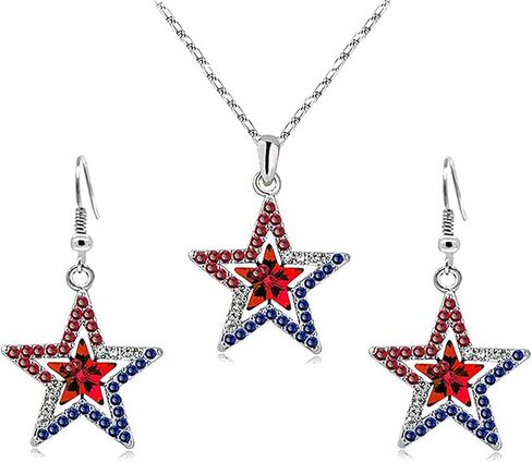 July 4th Independence Day Necklaces Earrings for Women Independence Day Star Necklace Earrings Set Red White and Blue Patriotic Necklace Earring American Flag Patriotic Jewelry Gift in Saudi Arabia