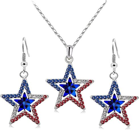 July 4th Independence Day Necklaces Earrings for Women Independence Day Star Necklace Earrings Set Red White and Blue Patriotic Necklace Earring American Flag Patriotic Jewelry Gift in Saudi Arabia