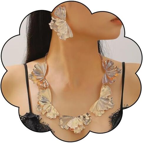 Chunky Gold Leaf Statement Necklace Set for Women Irregular Geometric Flower Necklace and Leaf Earrings Set Punk Jewelry in Saudi Arabia
