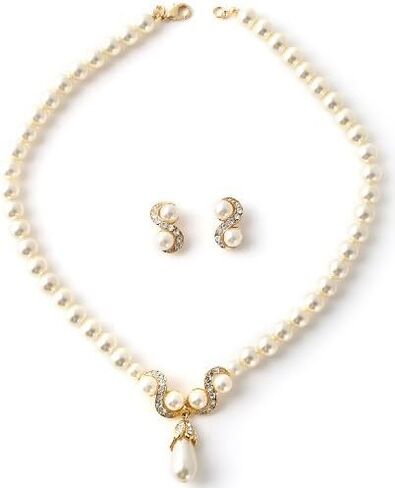 Topwholesalejewel الذهب كريم اللؤلؤ سلسلة وكريستال حجر الراين قلادة مع أقراط اللؤلؤ تتدلى مجموعة مجوهرات in Saudi Arabia