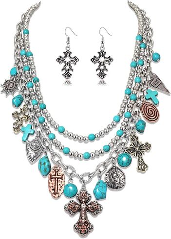 ZITULRY Western Turquoise Jewelry Set for Women Vintage Sliver Turquoise Cross Cowboy Hat Bull Head Beaded Layered Choker Necklace Cross Dangle Earrings Boho Country Birthday Holiday Party Gifts in Kuwait