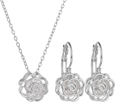 NewZenro Rose Flower Jewelry Sets for Women Dainty Blooming Filigree Flower Austrian Crystal Choker Necklace Earring Set for Wedding Valentine Fashion Jewelry for Brides Bridesmai in Saudi Arabia
