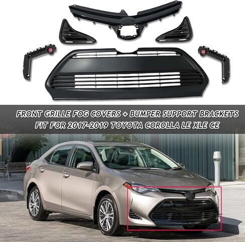 Bewild Front Bumper Upper & Lower Grille + Support Retainer Brackets + Foglights Cover Fit For 2017 2018 2019 Toyota Corolla L LE XLE CE Sedan Front Grille Assembly Replacement in Saudi Arabia
