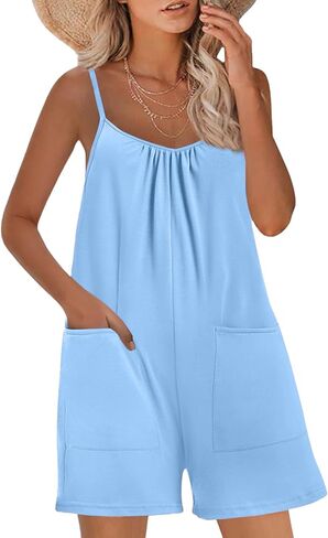 Womens Casual Sleeveless Romper Loose Spaghetti Strap Shorts Overalls Jumpsuit with Pockets Summer Clothes in Saudi Arabia