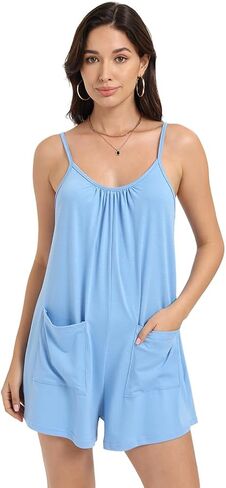 Womens Casual Sleeveless Romper Loose Spaghetti Strap Shorts Overalls Jumpsuit with Pockets Summer Clothes in Saudi Arabia