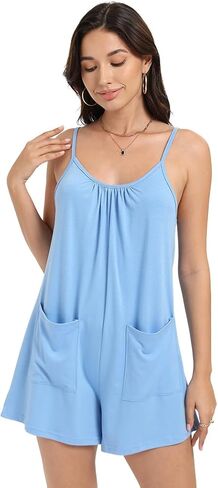 Womens Casual Sleeveless Romper Loose Spaghetti Strap Shorts Overalls Jumpsuit with Pockets Summer Clothes in Saudi Arabia