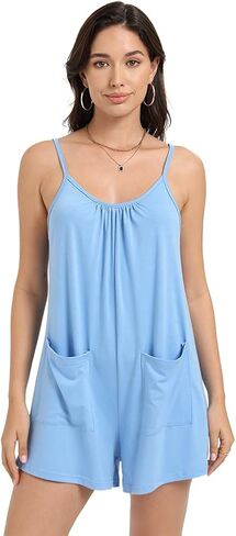 Womens Casual Sleeveless Romper Loose Spaghetti Strap Shorts Overalls Jumpsuit with Pockets Summer Clothes in Saudi Arabia