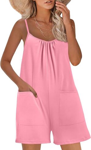 Womens Casual Sleeveless Romper Loose Spaghetti Strap Shorts Overalls Jumpsuit with Pockets Summer Clothes in Saudi Arabia