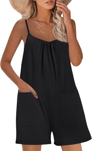 Womens Casual Sleeveless Romper Loose Spaghetti Strap Shorts Overalls Jumpsuit with Pockets Summer Clothes in Saudi Arabia