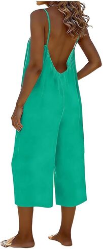 Capri Jumpsuits for Women Backless Spaghetti Strap Summer Jumpsuit Wide Leg Cropped Pants Rompers with Pockets in Saudi Arabia