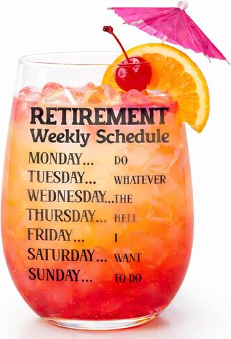 هدية تقاعد مضحكة كأس نبيذ للنساء - هدايا روح الدعابة للأم المتقاعدة، العمة، الصديق، زملاء العمل - كأس نبيذ فريد من نوعه مع جدول أسبوعي مضحك - هدايا حفلة تقاعد سعيدة in Kuwait