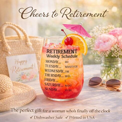 هدية تقاعد مضحكة كأس نبيذ للنساء - هدايا روح الدعابة للأم المتقاعدة، العمة، الصديق، زملاء العمل - كأس نبيذ فريد من نوعه مع جدول أسبوعي مضحك - هدايا حفلة تقاعد سعيدة in Kuwait