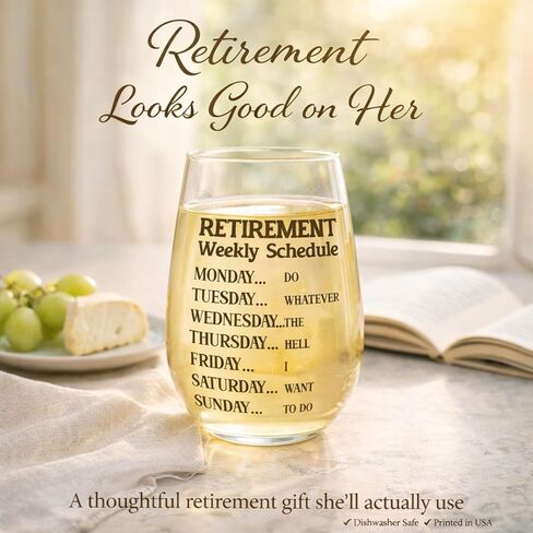 هدية تقاعد مضحكة كأس نبيذ للنساء - هدايا روح الدعابة للأم المتقاعدة، العمة، الصديق، زملاء العمل - كأس نبيذ فريد من نوعه مع جدول أسبوعي مضحك - هدايا حفلة تقاعد سعيدة in Kuwait