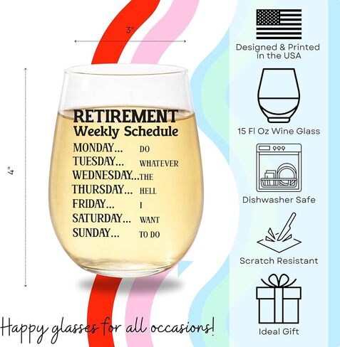 هدية تقاعد مضحكة كأس نبيذ للنساء - هدايا روح الدعابة للأم المتقاعدة، العمة، الصديق، زملاء العمل - كأس نبيذ فريد من نوعه مع جدول أسبوعي مضحك - هدايا حفلة تقاعد سعيدة in Kuwait