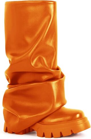 RKQ Women's Platform fold over wide calf Boots Fashion Round Toe Chunky Heel Pull On Slouchy Party Mid Calf Shark Boots For Gril in Kuwait