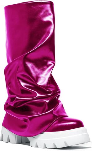 RKQ Women's Platform fold over wide calf Boots Fashion Round Toe Chunky Heel Pull On Slouchy Party Mid Calf Shark Boots For Gril in Saudi Arabia